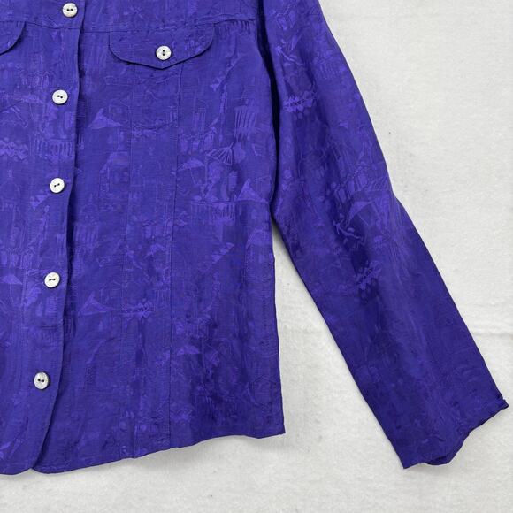 Chico's Blouse Top Womens Size M Purple Print Linen Silk Button Up Chest Pockets - Picture 4 of 9